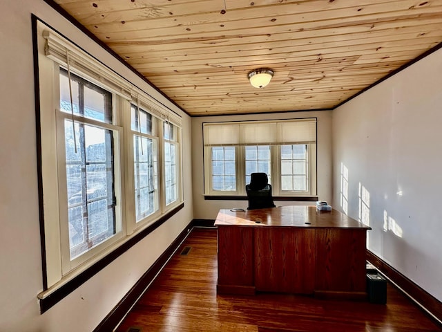 unfurnished office with a healthy amount of sunlight, wood ceiling, baseboards, and dark wood finished floors