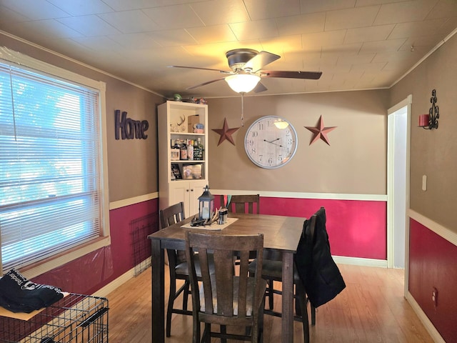 dining room featuring baseboards, ornamental molding, light wood-style flooring, and a ceiling fan