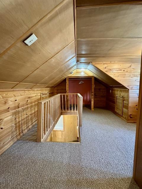 bonus room with vaulted ceiling, wood walls, and carpet flooring