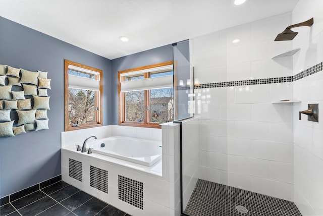 full bathroom with a tile shower, recessed lighting, tile patterned floors, and a garden tub