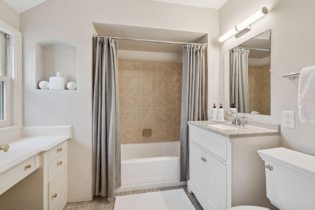 full bathroom featuring shower / bathtub combination with curtain, toilet, and vanity