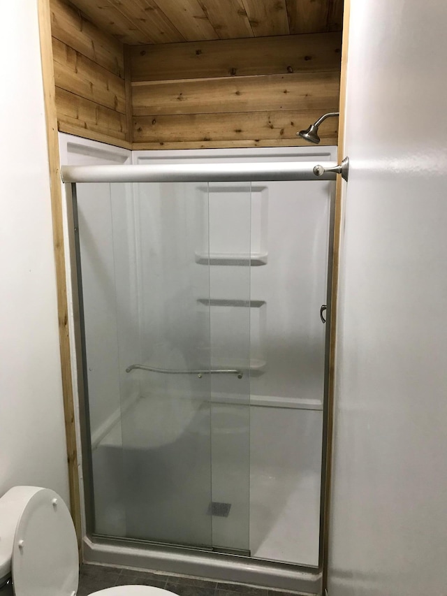 full bathroom with toilet and a stall shower