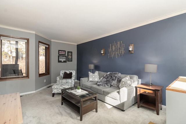 carpeted living room with ornamental molding and baseboards