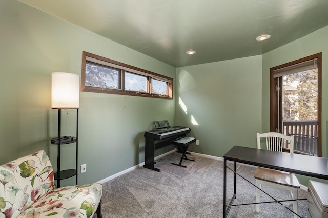 carpeted home office featuring recessed lighting and baseboards