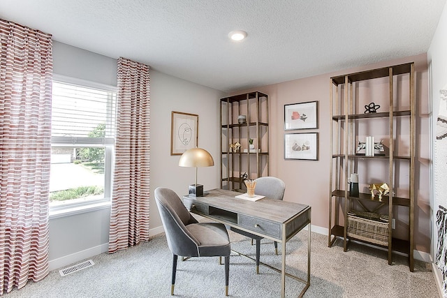 office area featuring light carpet, baseboards, visible vents, and a textured ceiling