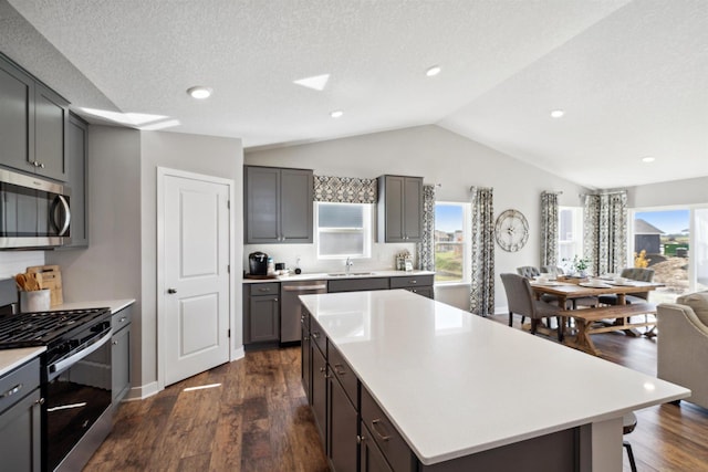 kitchen with light countertops, appliances with stainless steel finishes, open floor plan, a kitchen island, and a sink