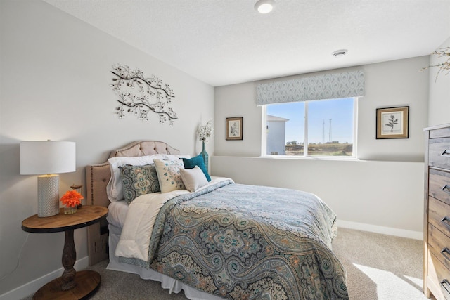 bedroom with a textured ceiling, baseboards, and carpet flooring