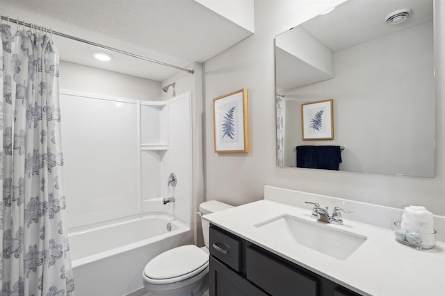 bathroom with toilet, visible vents, shower / tub combo with curtain, and vanity