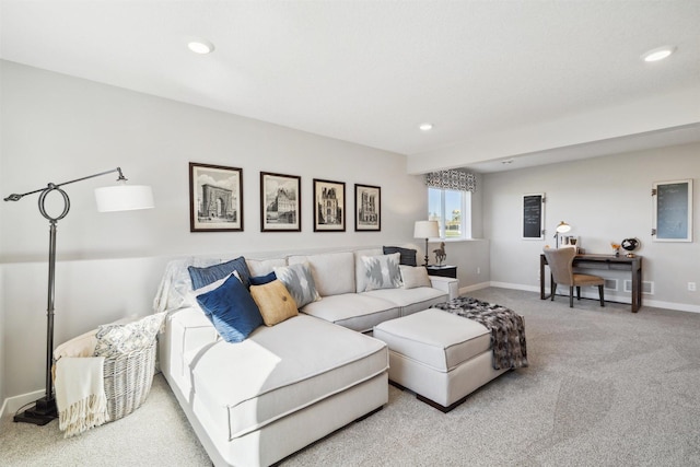 living area with carpet floors, recessed lighting, and baseboards