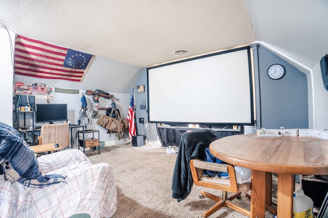 cinema featuring carpet, vaulted ceiling, and a textured ceiling