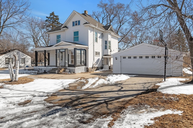 view of front of home with a garage, a porch, an outdoor structure, and a chimney