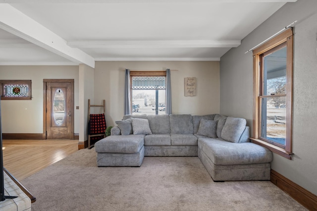 living area with beam ceiling, baseboards, and wood finished floors