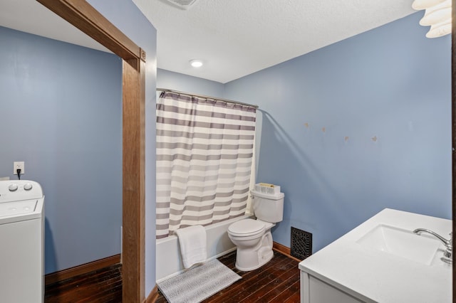 full bathroom with visible vents, washer / clothes dryer, wood-type flooring, toilet, and shower / tub combo with curtain