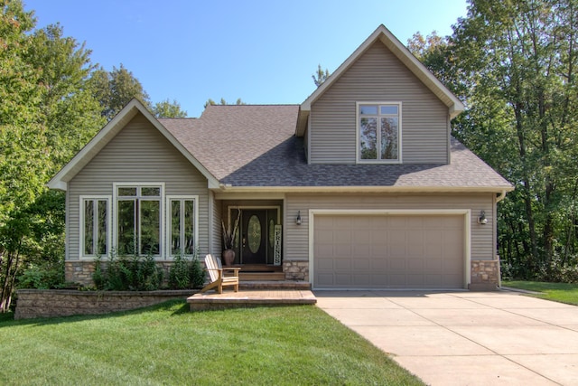 view of front of house with a shingled roof, stone siding, and concrete driveway