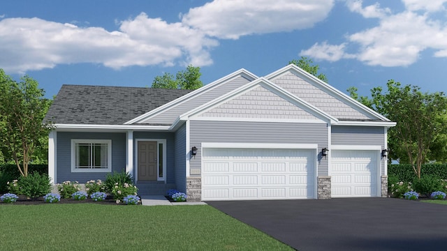 craftsman-style house with a garage, a shingled roof, stone siding, aphalt driveway, and a front lawn