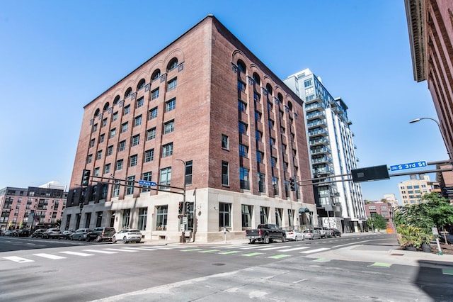 view of building exterior with a city view