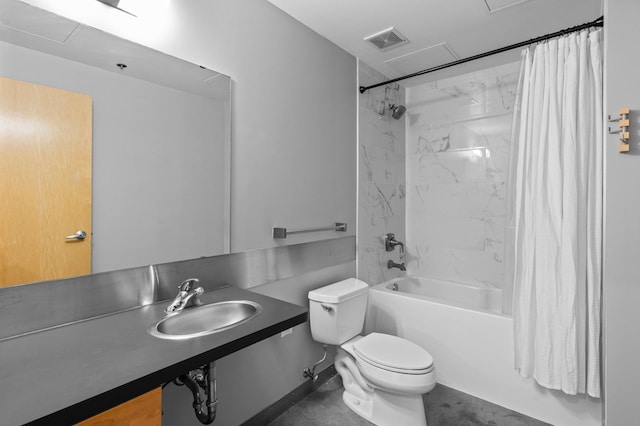 bathroom with toilet, shower / bathtub combination with curtain, visible vents, and a sink