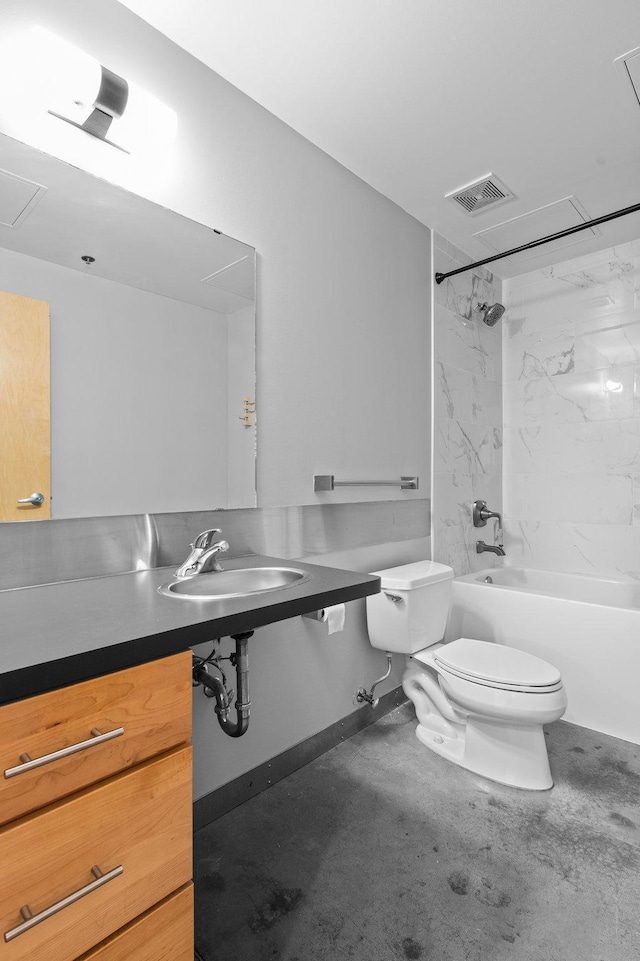 full bathroom with concrete flooring, toilet, a sink, visible vents, and shower / washtub combination