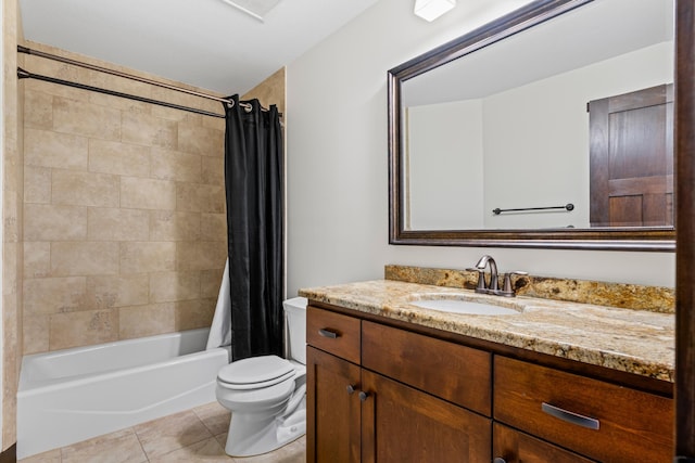 full bathroom featuring shower / bath combo, vanity, toilet, and tile patterned floors