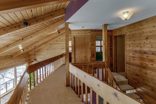 hallway featuring a healthy amount of sunlight, carpet flooring, an upstairs landing, and wooden walls