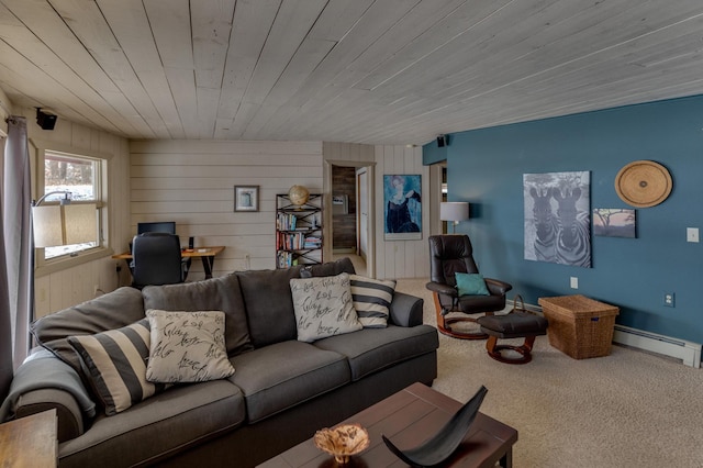 living room featuring a baseboard heating unit, wooden ceiling, and carpet flooring