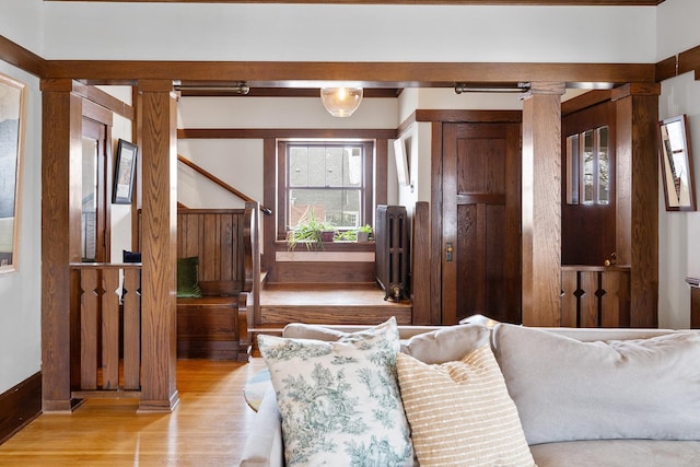 living room with light wood finished floors and radiator heating unit