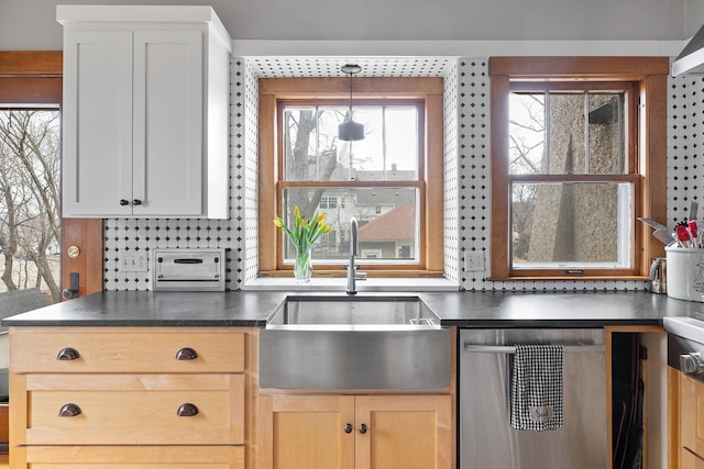 kitchen featuring dishwasher, dark countertops, a sink, and decorative backsplash