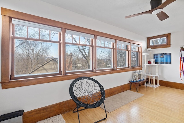 living area with wood-type flooring, a ceiling fan, and baseboards