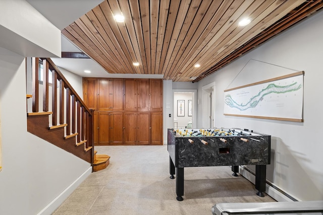 rec room featuring recessed lighting, wood ceiling, light carpet, and baseboards