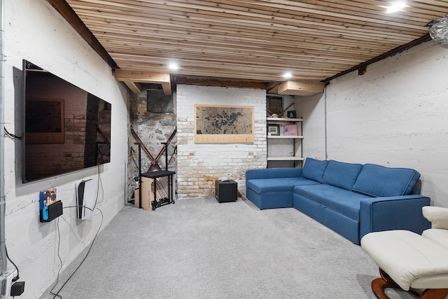 living area with wooden ceiling and carpet flooring