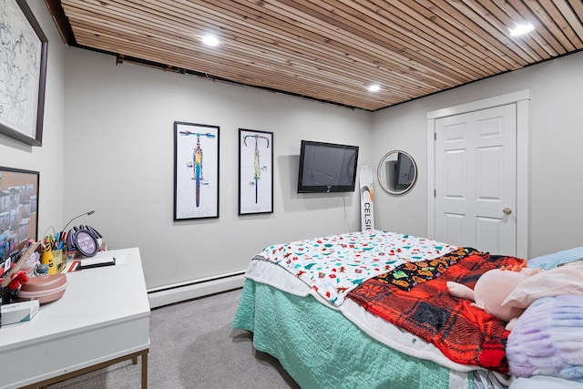 bedroom with wood ceiling, a baseboard heating unit, carpet flooring, and recessed lighting