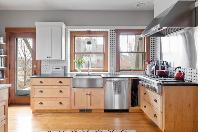 201 2nd St, Excelsior, MN 55331 - kitchen featuring stainless steel appliances, a sink, wall chimney range hood, light wood-type flooring, and dark countertops