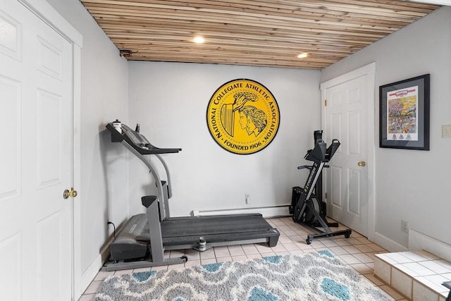 201 2nd St, Excelsior, MN 55331 - exercise area featuring wood ceiling, a baseboard heating unit, tile patterned flooring, and baseboards