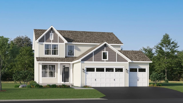 view of front of house featuring driveway, a front lawn, an attached garage, and a shingled roof