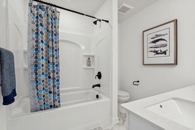 bathroom featuring toilet, vanity, visible vents, marble finish floor, and shower / bath combo with shower curtain