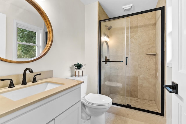 full bath featuring toilet, a shower stall, visible vents, and vanity