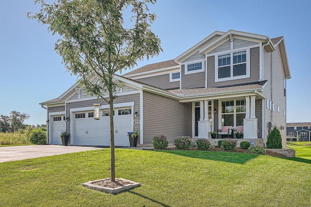 craftsman-style house featuring a garage, driveway, a porch, and a front lawn