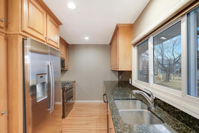 kitchen with baseboards, recessed lighting, a sink, light wood finished floors, and appliances with stainless steel finishes