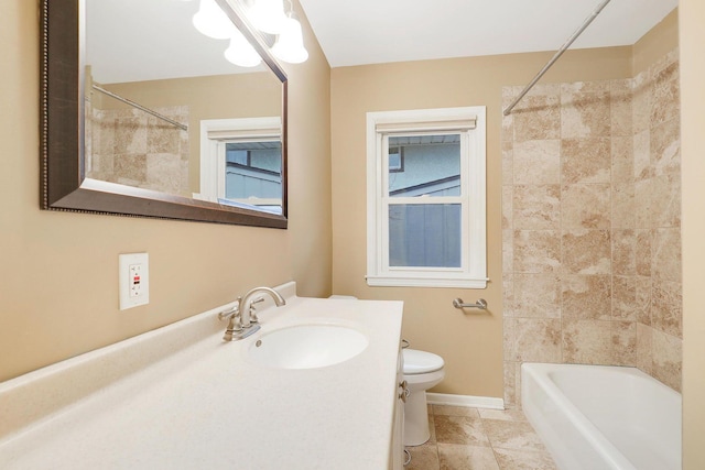 full bath with baseboards, shower / bathing tub combination, vanity, and toilet