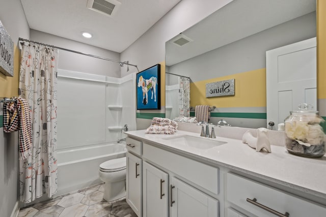 bathroom with visible vents, shower / bathtub combination with curtain, toilet, and vanity