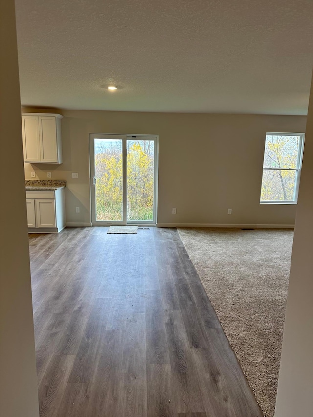 unfurnished living room with plenty of natural light, baseboards, a textured ceiling, and wood finished floors