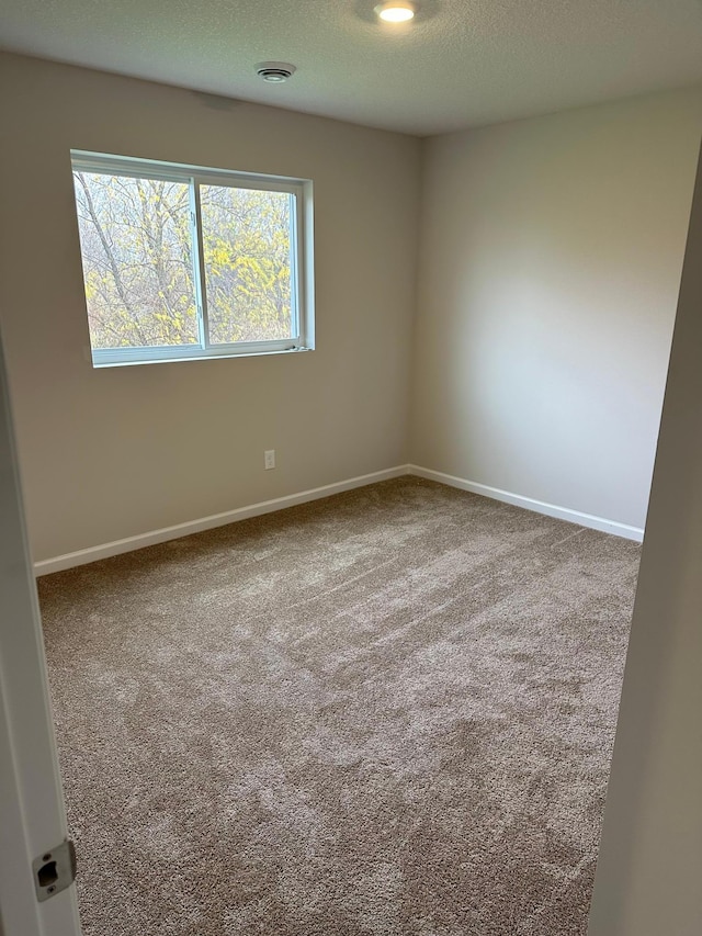 unfurnished room featuring a textured ceiling, baseboards, and carpet flooring