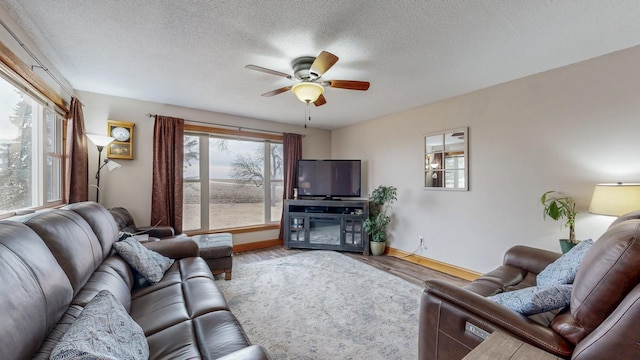 38184 County 47th Blvd, Goodhue, MN 55027 - living room featuring a ceiling fan, healthy amount of natural light, wood finished floors, a textured ceiling, and baseboards