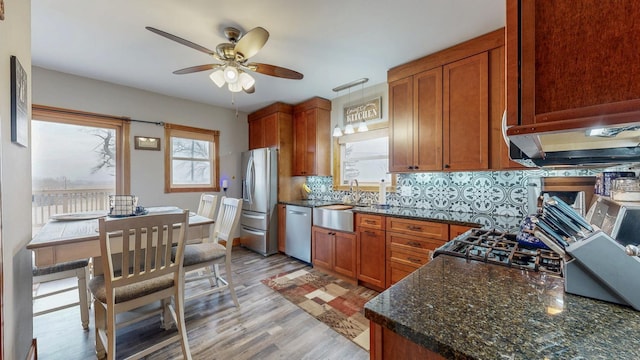 38184 County 47th Blvd, Goodhue, MN 55027 - kitchen featuring a sink, appliances with stainless steel finishes, a ceiling fan, light wood-style floors, and brown cabinetry