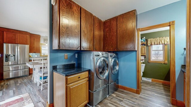 38184 County 47th Blvd, Goodhue, MN 55027 - washroom featuring cabinet space, separate washer and dryer, and light wood-style flooring