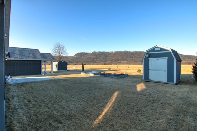 view of yard with a storage shed, an outdoor structure, and a garden