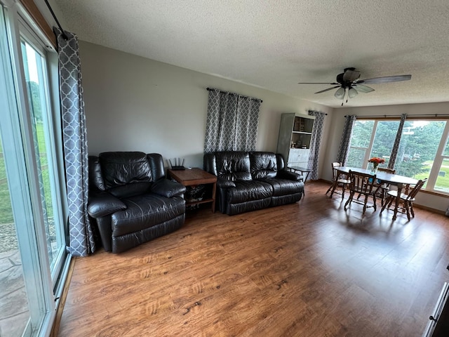 living room with ceiling fan, a textured ceiling, and wood finished floors