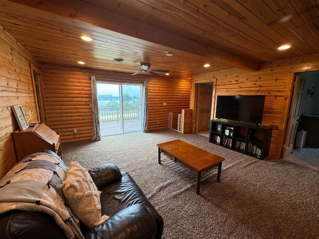 living area featuring wooden ceiling, log walls, carpet flooring, and recessed lighting