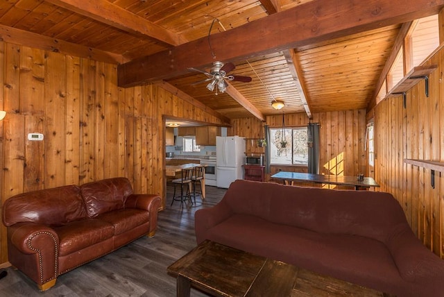 living area featuring wooden ceiling, dark wood-style floors, wooden walls, and vaulted ceiling with beams