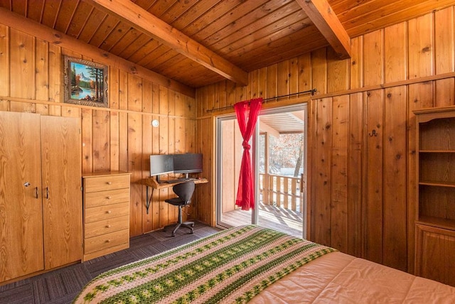 bedroom featuring access to exterior, wood ceiling, beamed ceiling, and wooden walls